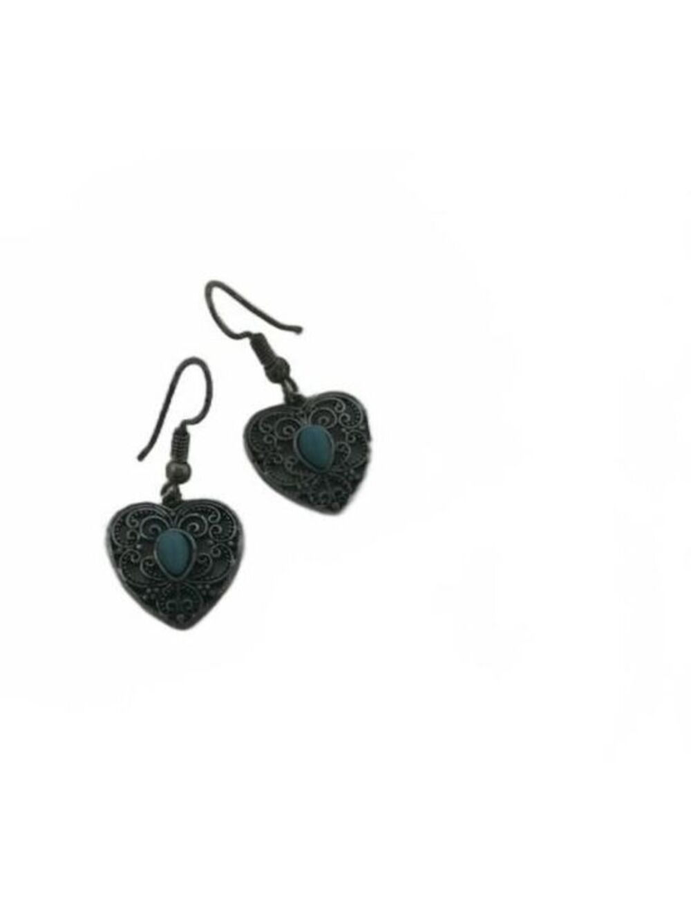 Vintage Silver Filigree Heart Earrings, Faux Turquoise Cabochon Boho Dangle